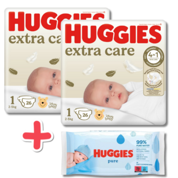 Huggies® Extra Care 1-es méretű Újszülött csomag + Pure törlőkendő