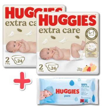 Huggies® Extra Care 2-es méretű Újszülött csomag + Pure törlőkendő